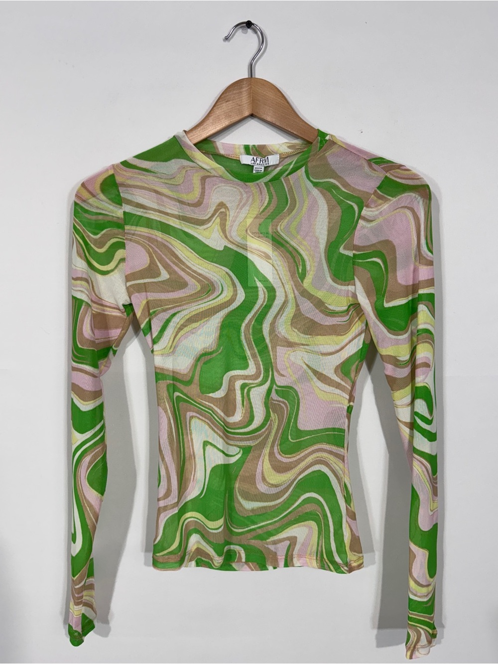 WSH9 {AFRM} Neon Green Marble Swirl Pattern Sheer See Through Long Sleeve Top